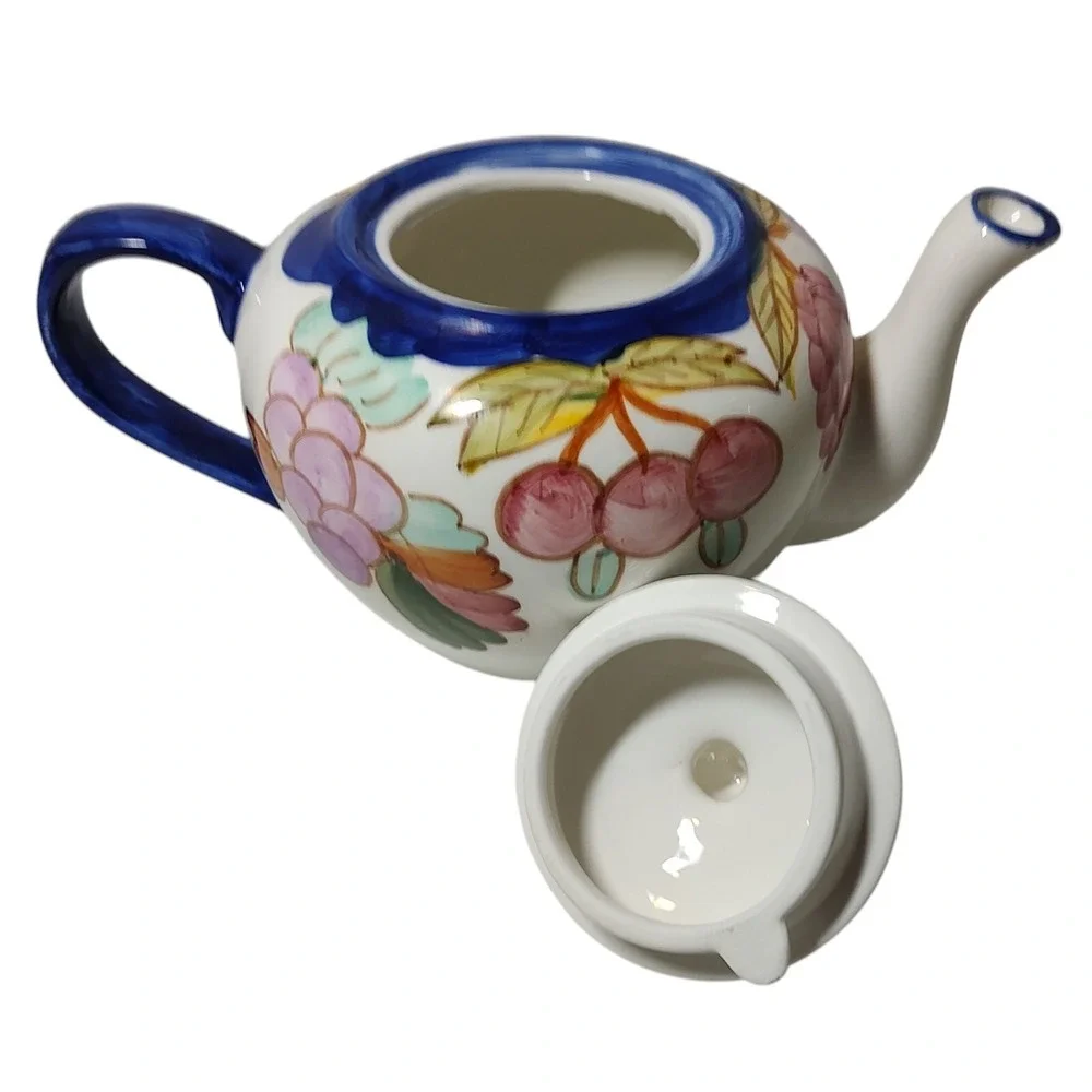 BIA Cordon Bleu International Teapot with Lid Hand Painted Fruit Blue Trim SEE‎